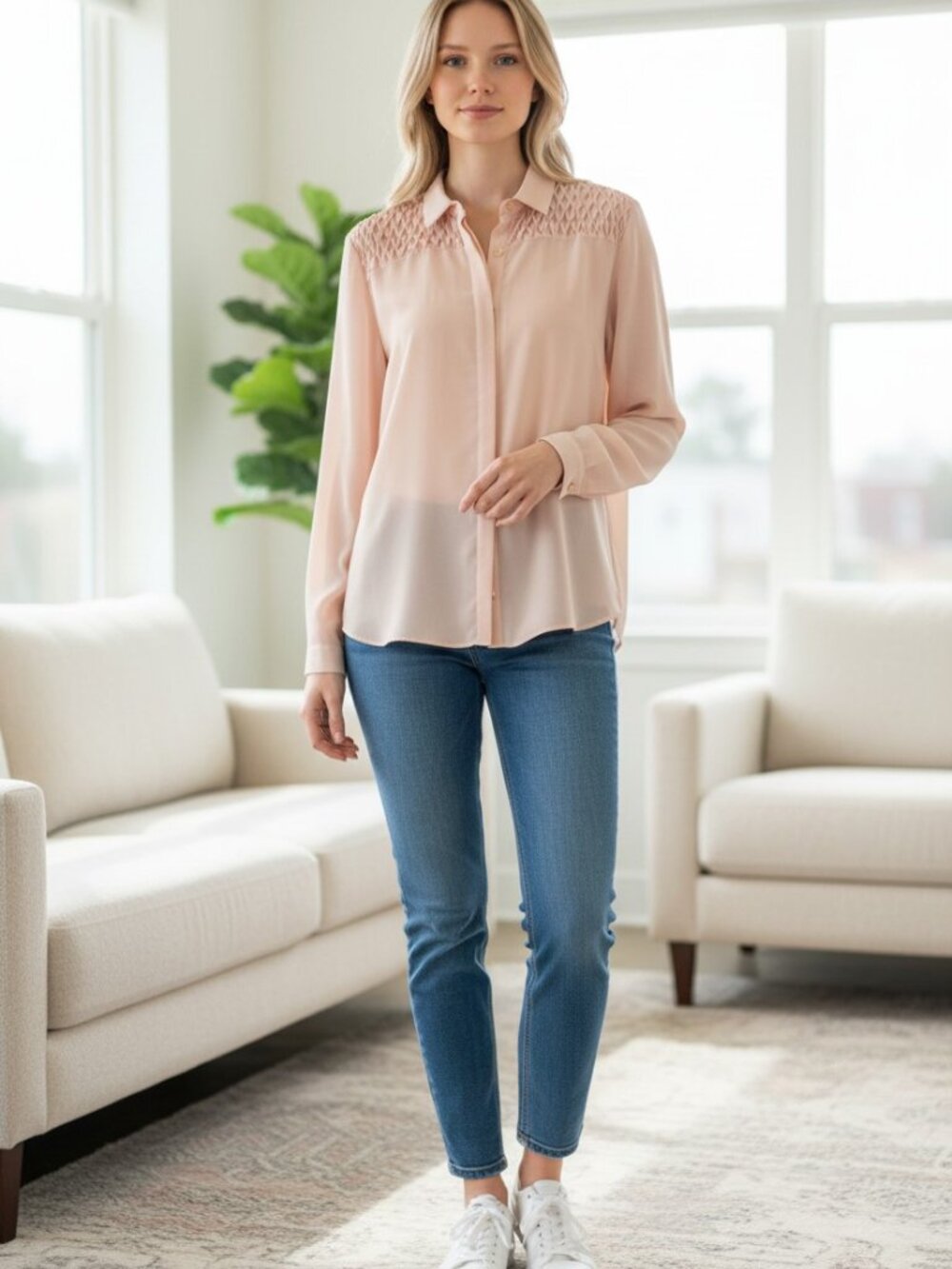 The Kooples Textured Button Down Blouse Cream Pink Sz XS